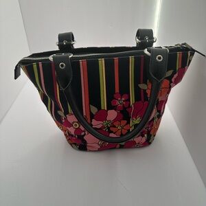 Talbots Black Floral Stripe Tote with Pink & Orange Blooms